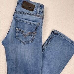 BKE Jake Jeans Mens 27R Straight Low Rise‎ Embroidered Denim Blue 27x30 Flaw